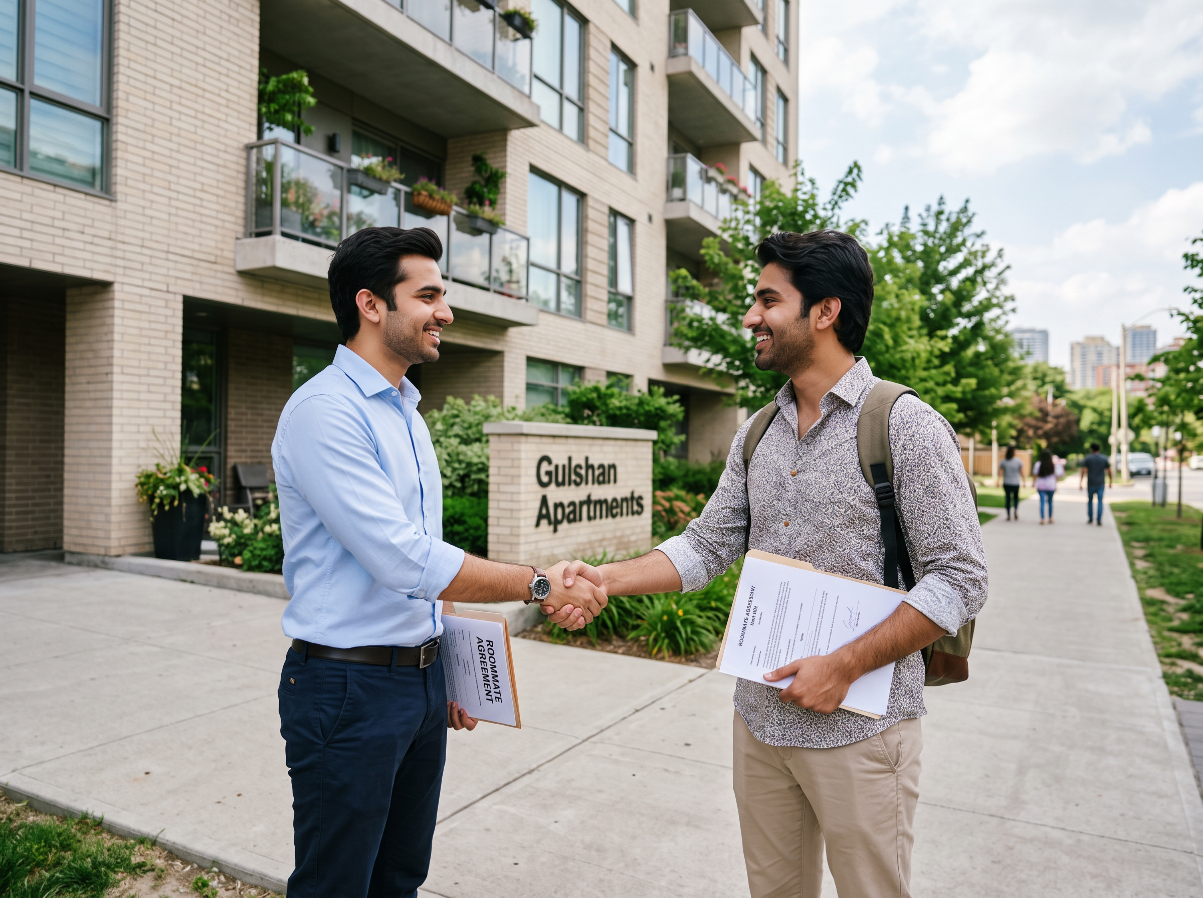 Two roommates shaking hands after signing apartment agreement
